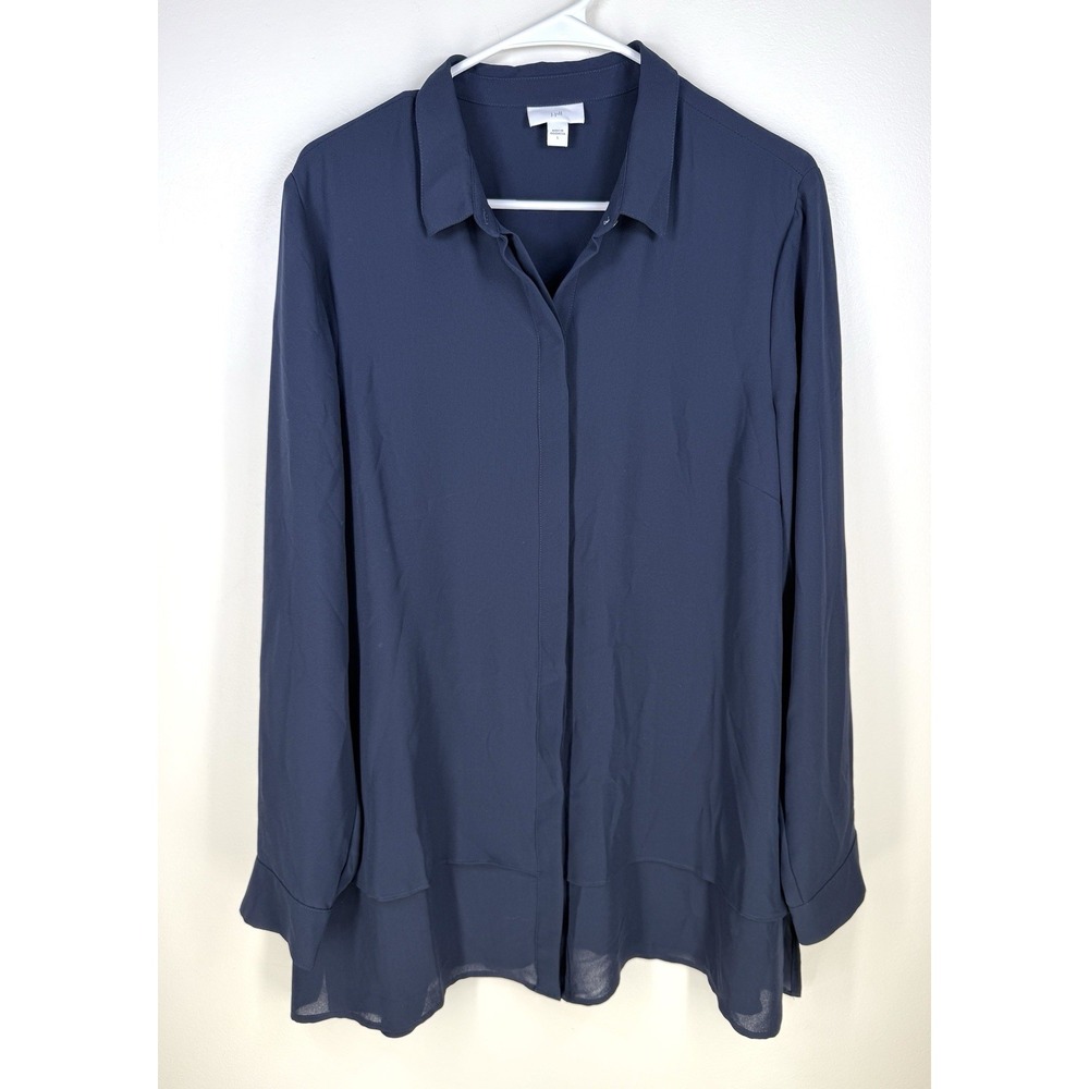 j jill blouse large Navy Blue Tiered Covered Buttons Career Long Sleeve Collared